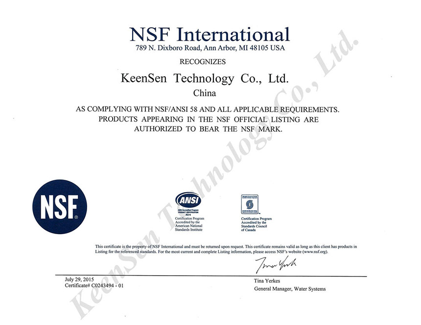 Keensen Certified to NSF ANSI 58