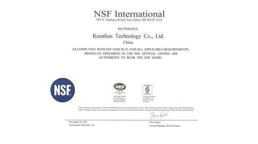 KeenSen Certified to NSF/ANSI 58,61